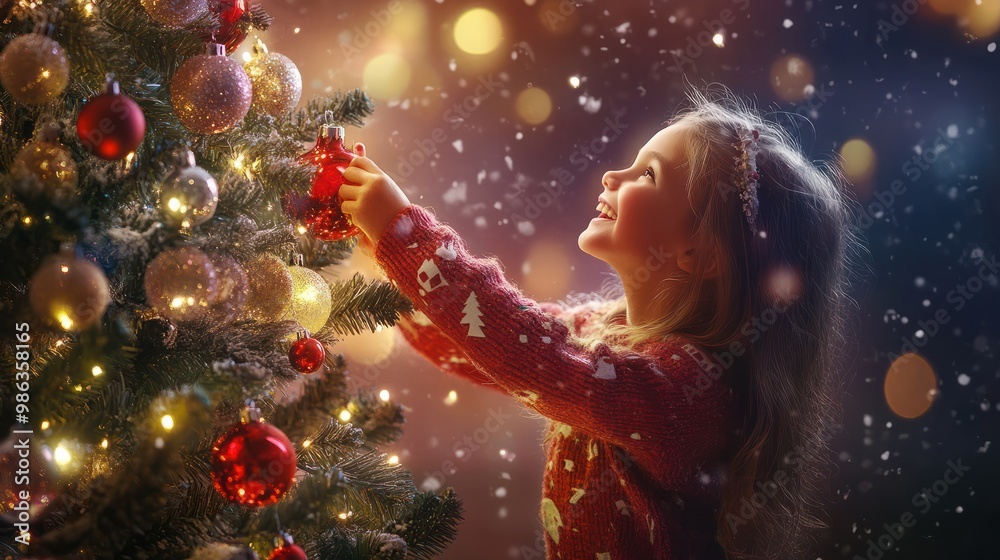 A happy girl decorating a large festive christmas tree with bauble decorations A happy girl decorating a large festive christmas tree with bauble decorations