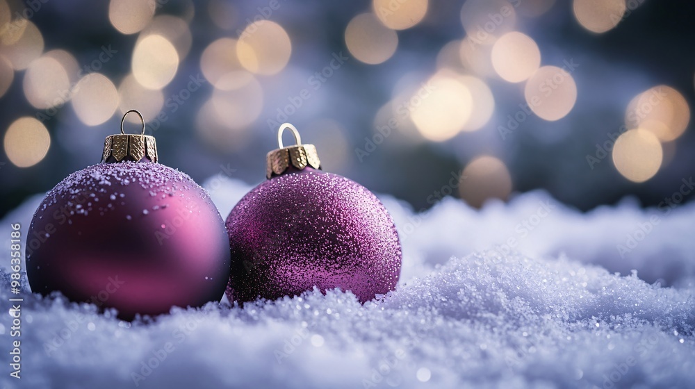 Festive Ornaments on Snowy Ground with Bokeh Lights Festive Ornaments on Snowy Ground with Bokeh Lights