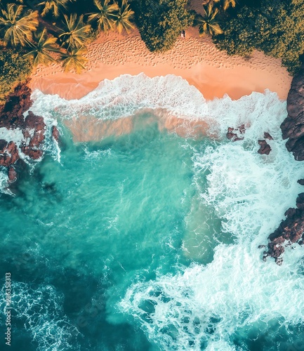 Aerial View of a Tropical Beach with Palm Trees and Turquoise Water