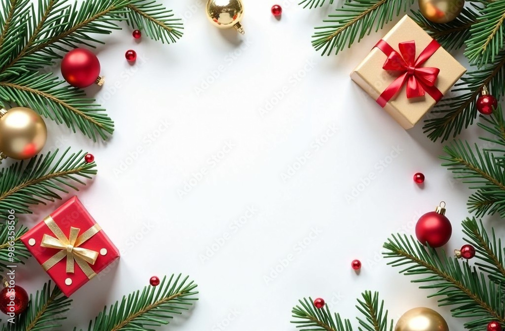Christmas and New Year celebration background. New Year garlands, colourful balls, gifts and Christmas tree brunches on white background. Text space, top view Christmas and New Year celebration background. New Year garlands, colourful balls, gifts and Christmas tree brunches on white background. Text space, top view