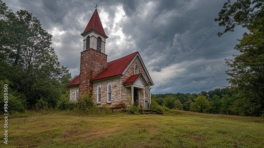 Fototapeta premium Wartburg, Tennessee, USA - July 29, 2023: Built in 1879 this pretty little historic church stands proud under cloudy skies
