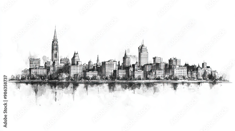 Obraz premium Moncton, Canada, black and white pen pencil hand-drawn effect drawing illustration for travel poster, card, wallpaper, backdrop or banner. Modern, clear, artistic and simple