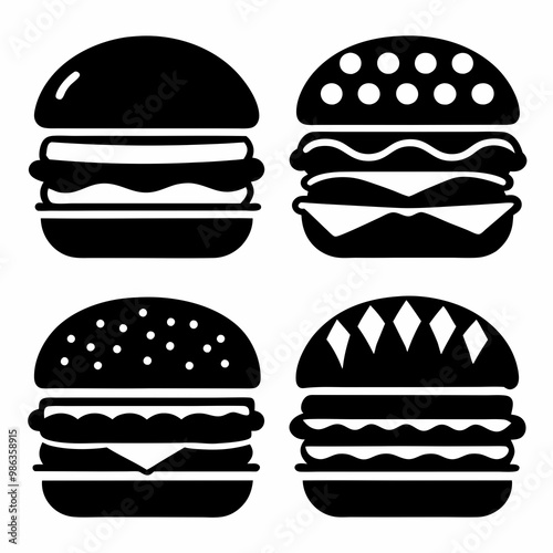 A set of 4 black silhouette illustrations of burger icons on a white background