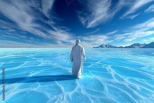 A tranquil Morpheus standing in an icy blue dreamscape, where frosty winds blow across a crystalline landscape