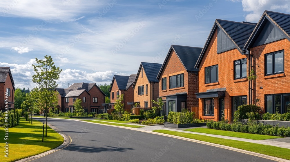 A new UK housing development with modern brick homes, clean lines, and well-kept lawns, illustrating the latest in British residential design. A new UK housing development with modern brick homes, clean lines, and well-kept lawns, illustrating the latest in British residential design.