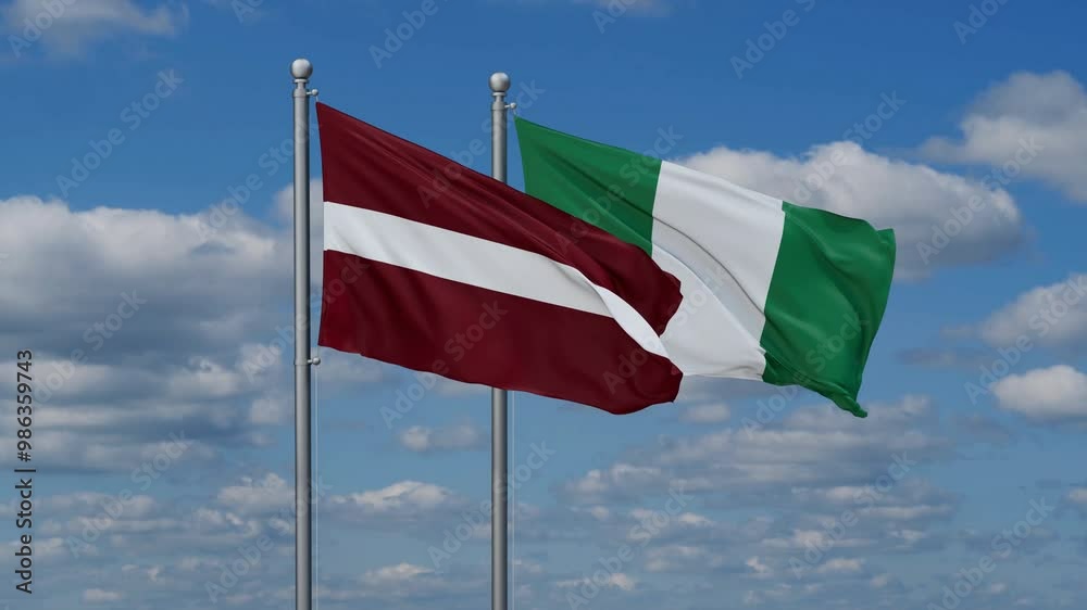 Nigeria and Latvia flags flying together, video concept of the relationship, two country relations concept Nigeria and Latvia flags flying together, video concept of the relationship, two country relations concept