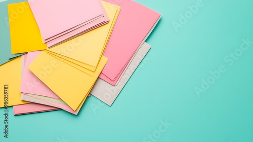 A vibrant arrangement of colorful paper sheets in pink, yellow, and neutral tones on a turquoise background. photo