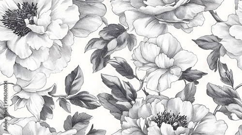 A black and white floral pattern featuring detailed illustrations of flowers and leaves, evoking a classic and elegant aesthetic.