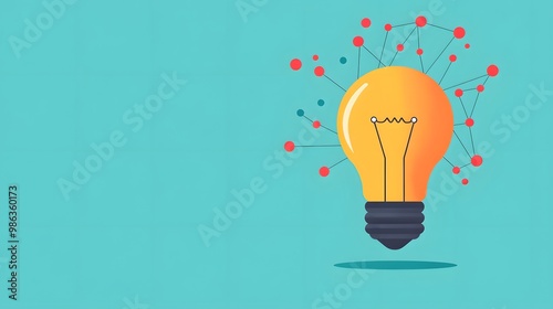 A bright yellow light bulb symbolizes creativity and innovation against a teal background, surrounded by abstract connections and dots.