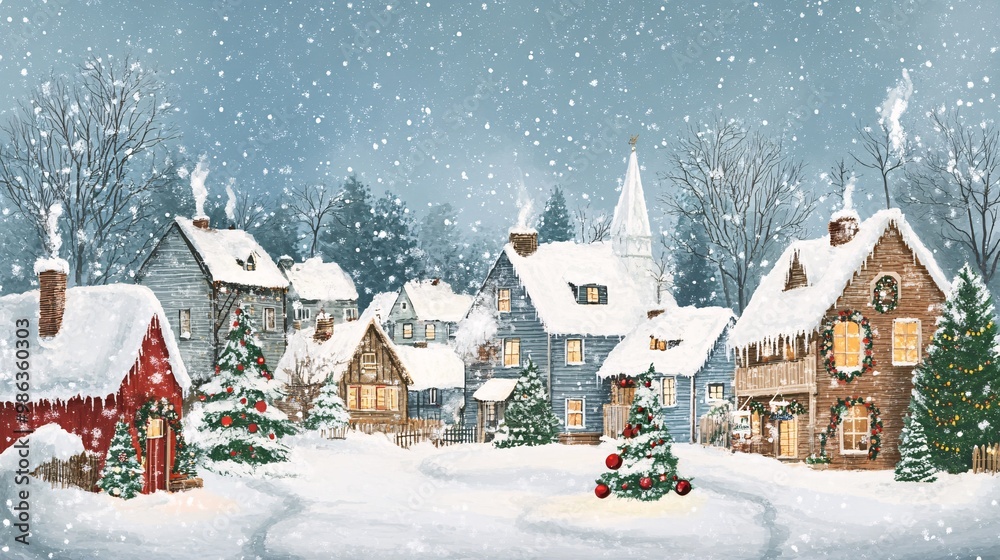 Fototapeta premium Snowy Village Scene with Christmas Decorations