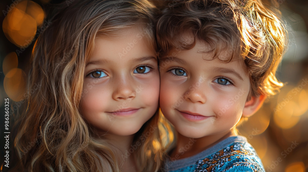 A young girl and boy look directly at the camera with big smiles. A young girl and boy look directly at the camera with big smiles.