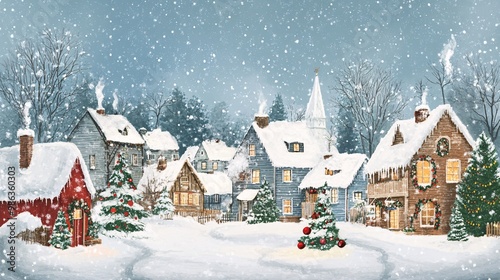Snowy Village Scene with Christmas Decorations