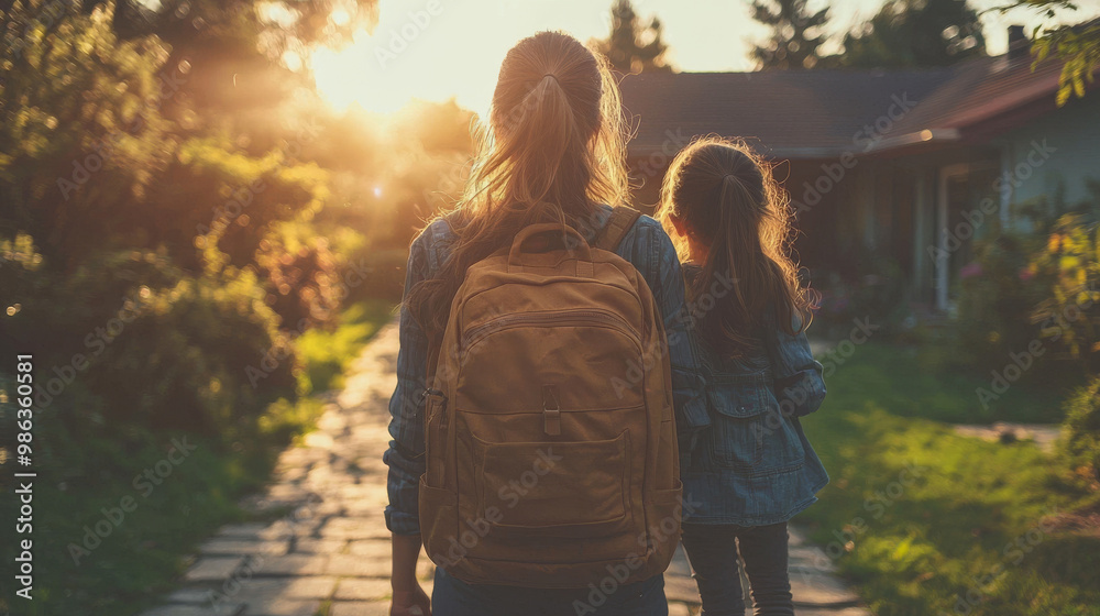 A mother and her daughter walk away from home on a sunny day. A mother and her daughter walk away from home on a sunny day.