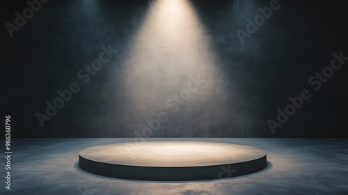 A dimly lit stage with a circular platform, highlighted by focused beams of light, set against a dark, textured background.