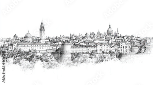 Montpellier, France, black and white pen pencil hand-drawn effect drawing illustration for travel poster, card, wallpaper, backdrop or banner. Modern, clear, artistic and simple