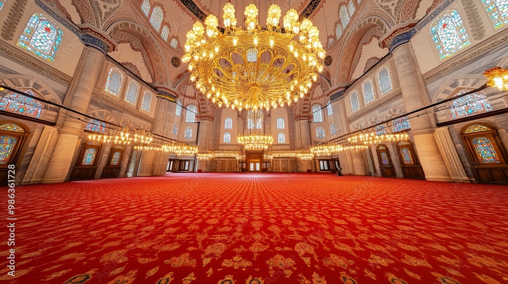 Obraz premium wide angle view of the interior of the Suleiman Mosque, with its spectacular chandelier, ceilings and red carpet, no people, Muslim religion, Istanbul Turkey, horizontal