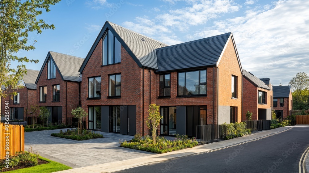 A newly built home in the UK with contemporary architecture, large glass windows, and a brick facade, set in a well-designed residential area. A newly built home in the UK with contemporary architecture, large glass windows, and a brick facade, set in a well-designed residential area.