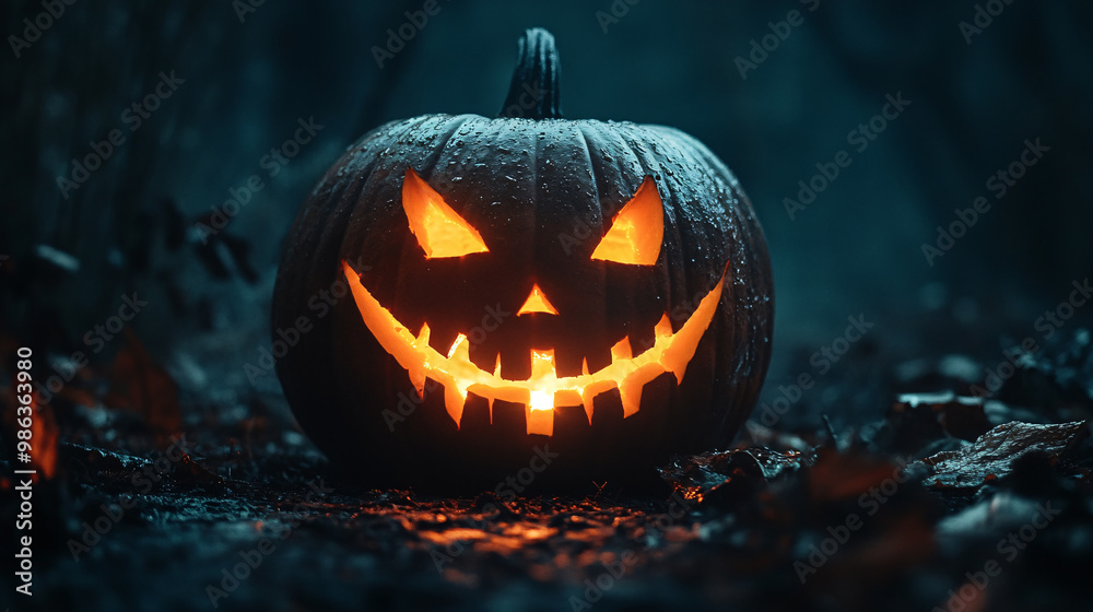 Scary face glowing from inside a carved pumpkin on a dark night Scary face glowing from inside a carved pumpkin on a dark night