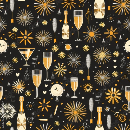 A black and gold background with a pattern of champagne glasses, flowers photo