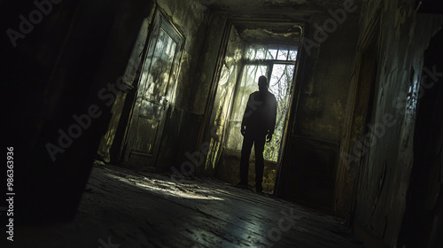 Creepy figure lurking in the shadows of an old, abandoned house
