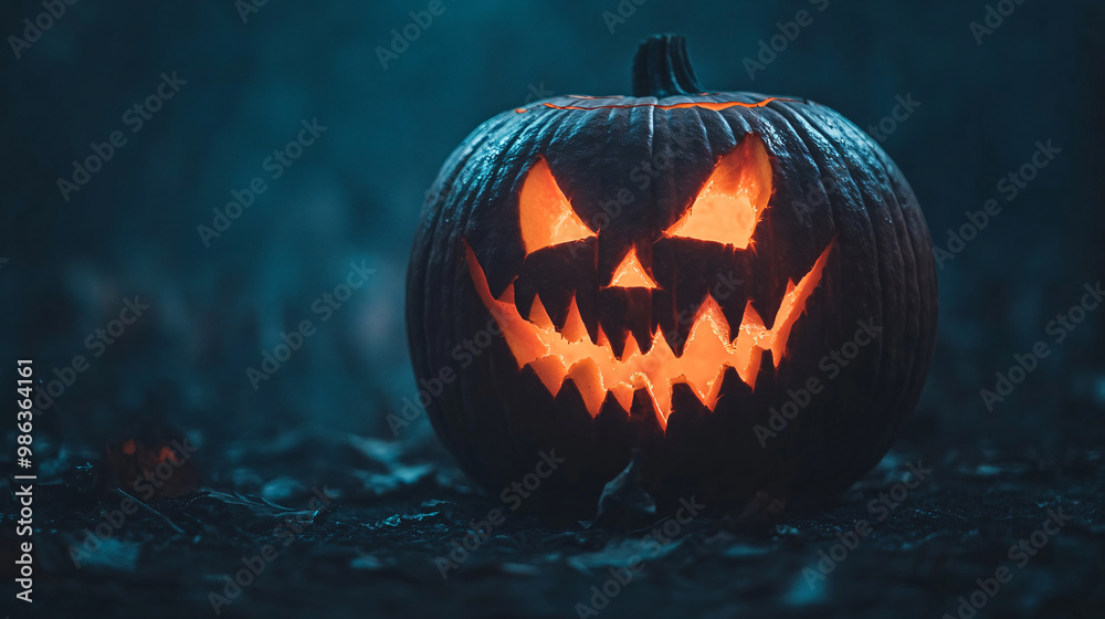 Scary face glowing from inside a carved pumpkin on a dark night Scary face glowing from inside a carved pumpkin on a dark night