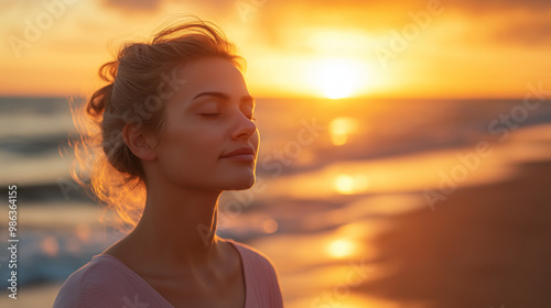 Mindful breathing exercise at sunrise on a beach, person standing with eyes closed, calm atmosphere and golden light