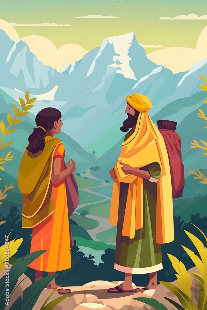 Fototapeta premium Two People Standing On A Mountaintop Looking At A Valley