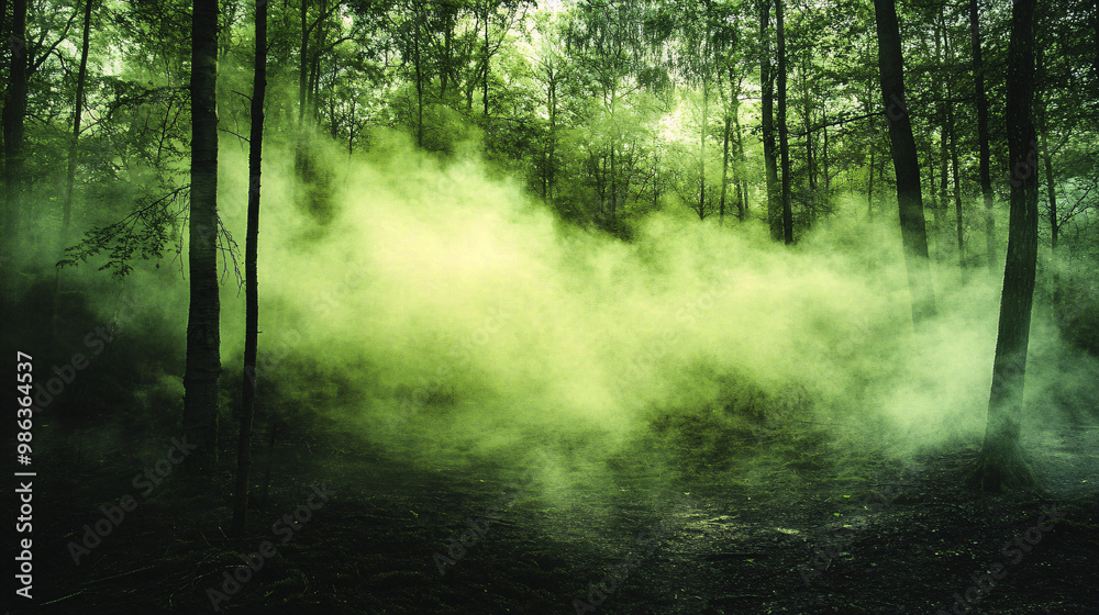 Eerie green mist rising from the ground in a foggy forest Eerie green mist rising from the ground in a foggy forest