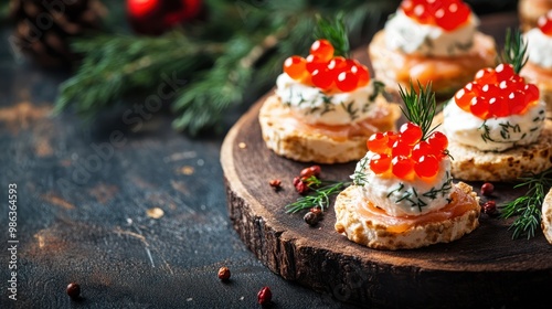 Festive Xmas snack canape with salmon cream cheese dill horseradish pate and red caviar With copyspace for text