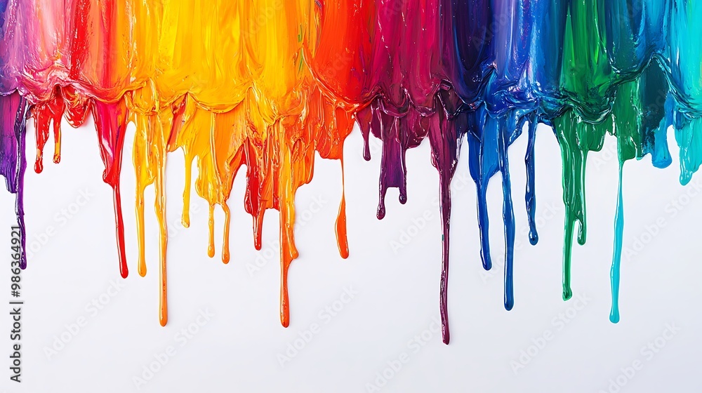 A vibrant splash of paint in rainbow colors dripping down a white background. A vibrant splash of paint in rainbow colors dripping down a white background.