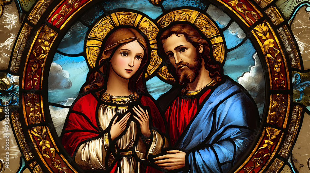 Fototapeta premium A stained glass window of jesus and mary. the window is blue and red and has a gold border. Stained Glass. Illustration