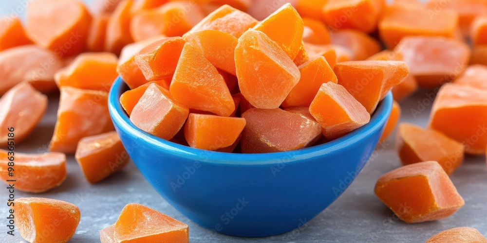 Orange Turkish Delight Candies in Blue Bowl Orange Turkish Delight Candies in Blue Bowl