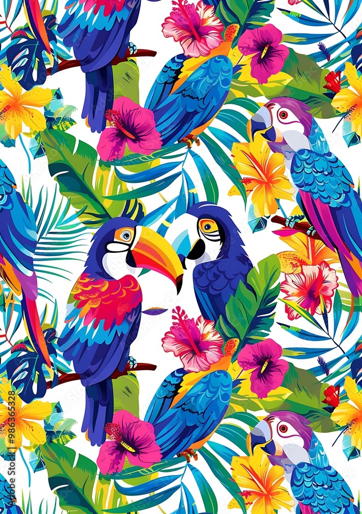 Fototapeta premium Tropical Bird and Flower Seamless Pattern