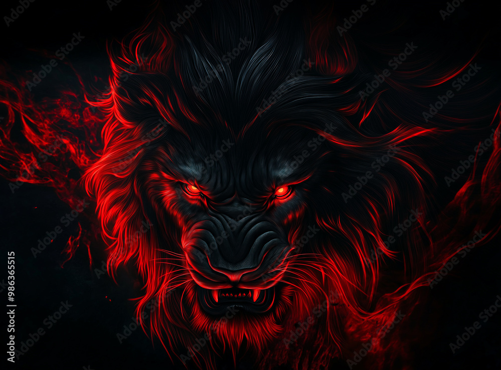 A very dangerous lion face in complete dark A very dangerous lion face in complete dark