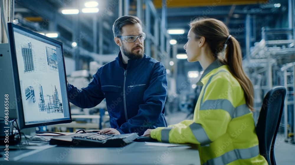 Engineers discussing project details in a modern manufacturing facility during daylight hours