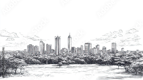 Nairobi, Kenya, black and white pen pencil hand-drawn effect drawing illustration for travel poster, card, wallpaper, backdrop or banner. Modern, clear, artistic and simple