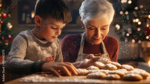 grandmother and grandson baking cookies at Christmas together. Holidays and celebration concept. Generative AI