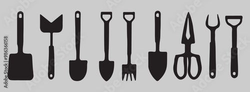 Set of Gardening tools Icon silhouette vector style with white background, illustration
 Art & Illustration