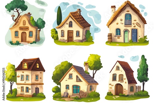 Set of Cartoon Style Houses Illustrations