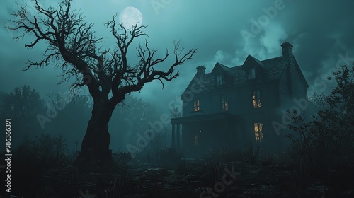 spooky house with scary halloween night.