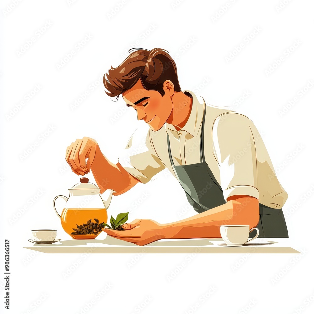 Illustration of a young man gracefully prepares herbal tea, showcasing passion and skill in creating the perfect blend for relaxation. Illustration of a young man gracefully prepares herbal tea, showcasing passion and skill in creating the perfect blend for relaxation.