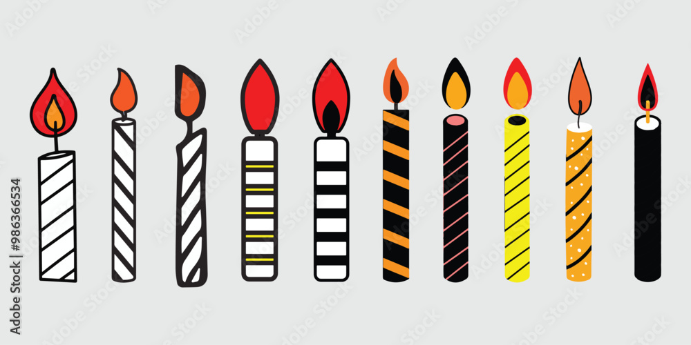 Set of 10 happy birthday Candle icon silhouette vector style with white background Art & Illustration Set of 10 happy birthday Candle icon silhouette vector style with white background Art & Illustration