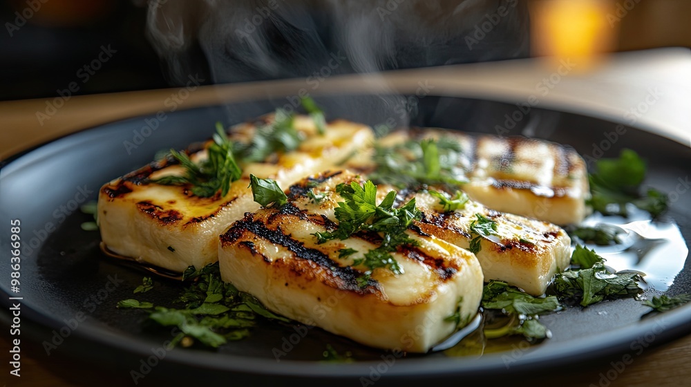 A plate of sizzling, grilled halloumi cheese with steam rising, garnished with fresh herbs and a drizzle of olive oil. Copy space for text. A plate of sizzling, grilled halloumi cheese with steam rising, garnished with fresh herbs and a drizzle of olive oil. Copy space for text.