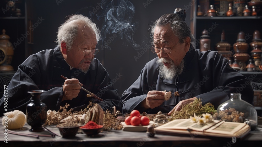Two men are sitting at a table, one of them smoking Two men are sitting at a table, one of them smoking