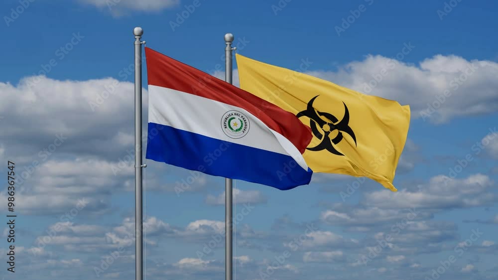 Paraguay and Biological hazard flags waving together on looped video, toxic hazard and pollution warning concept Paraguay and Biological hazard flags waving together on looped video, toxic hazard and pollution warning concept