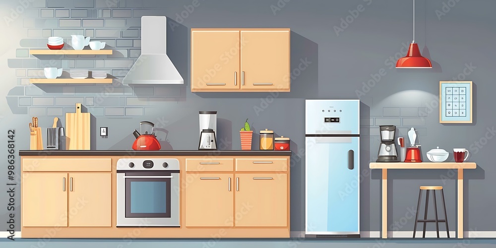 Modern Kitchen Illustration with Appliances and Cabinets Modern Kitchen Illustration with Appliances and Cabinets