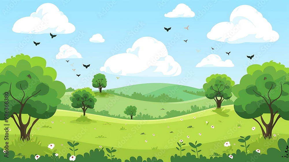 Fototapeta premium Cartoon Landscape With Green Trees And Blue Sky