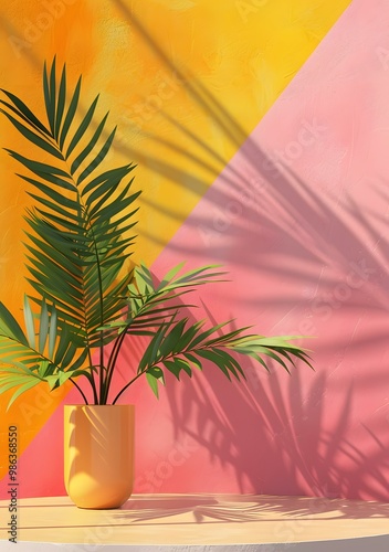 Minimalist Green Palm Tree Plant in Yellow Pot Against Pink and Yellow Wall Background