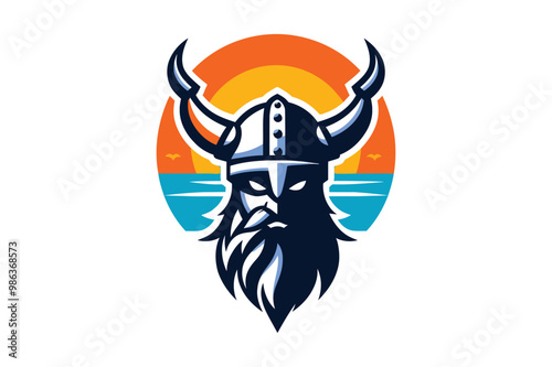 horn of a Viking with sunset, water background. It can be used as a t-shirt design