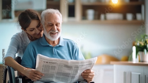 Happy Senior Man in Wheelchair Reading Newspaper with Nurse